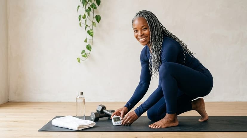 Woman in navy attire squatting on an exercise mat with dumbbells in a bright room