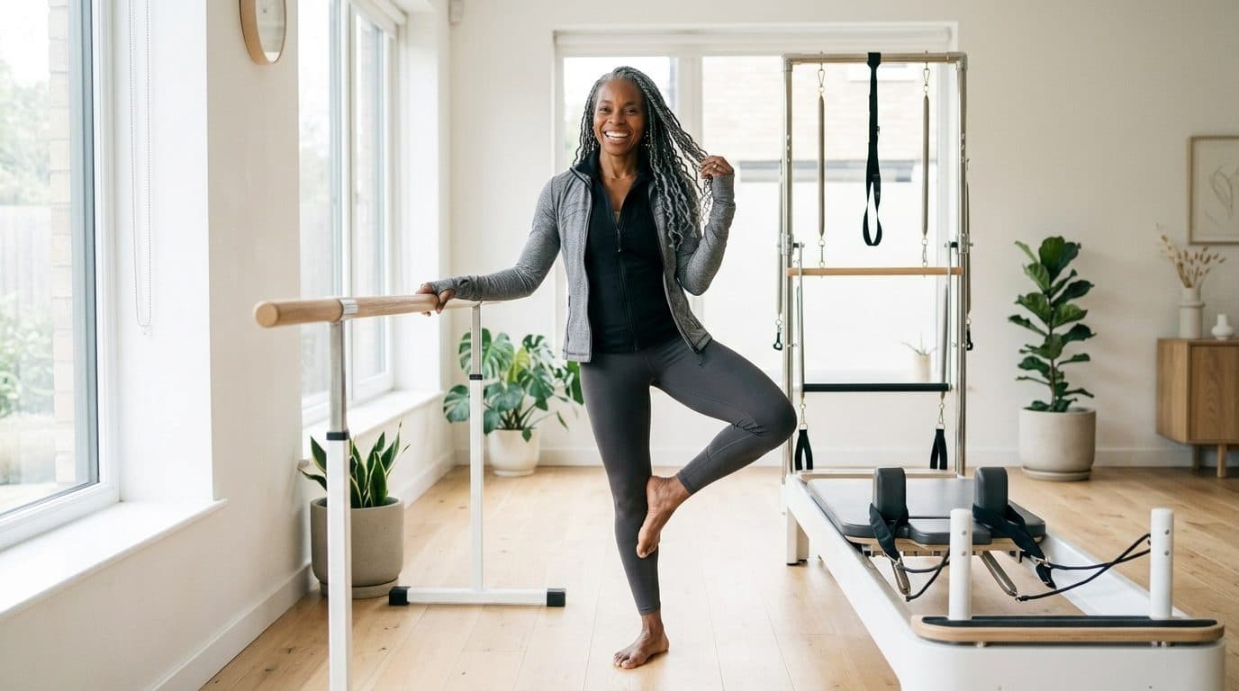 Woman performing barre exercise at wooden bar in bright studio with Reformer machine