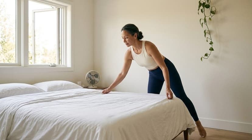 Woman in barre position leaning over white bedding in a sun-lit bedroom