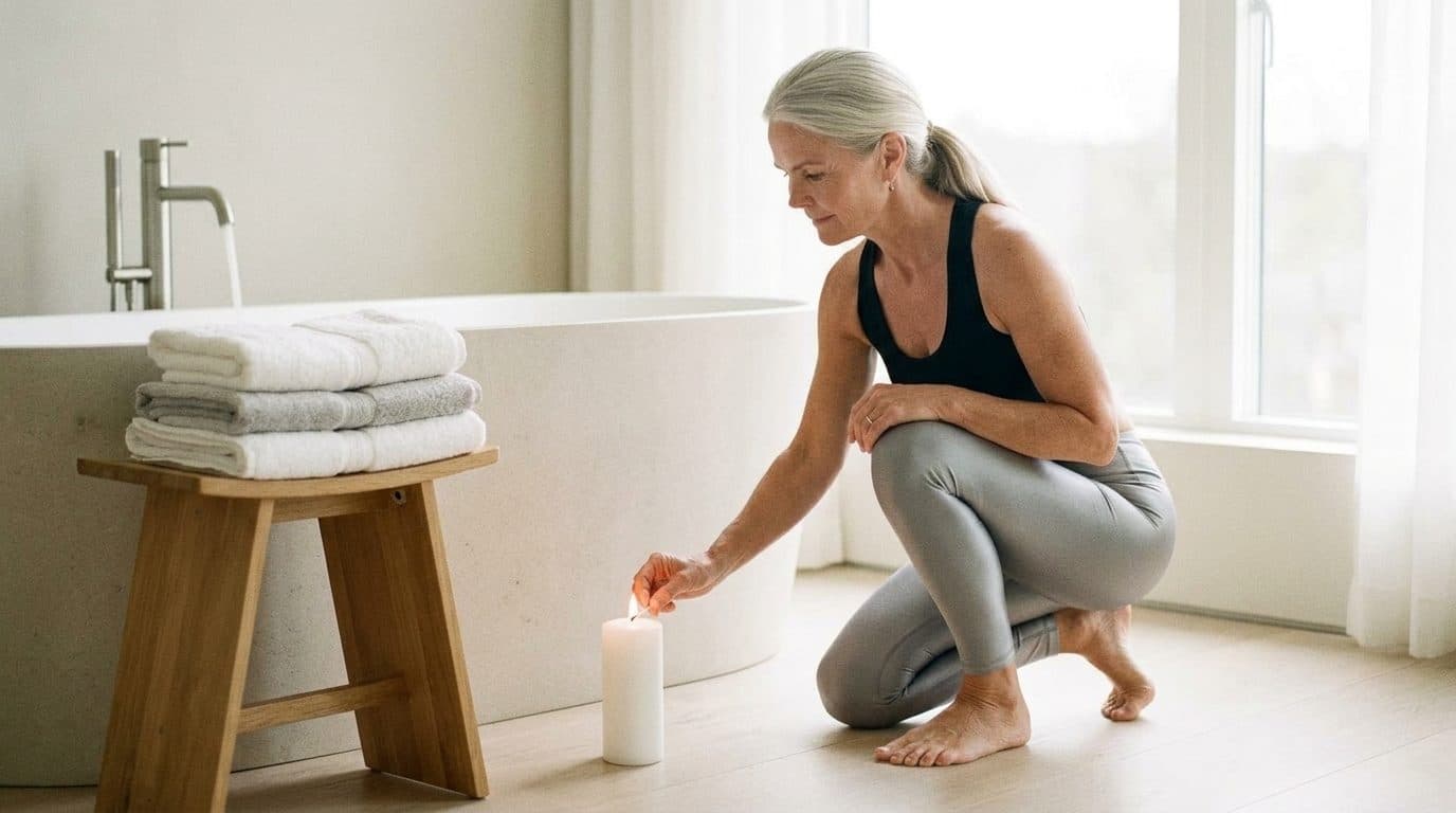 Woman lighting a candle by a white bathtub in a bright bathroom