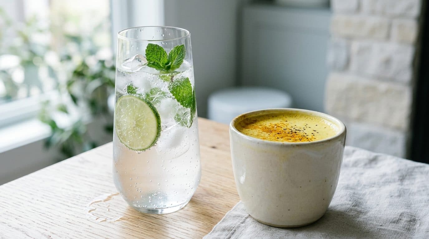 Sparkling lime mint drink and golden spiced beverage on wooden table by window