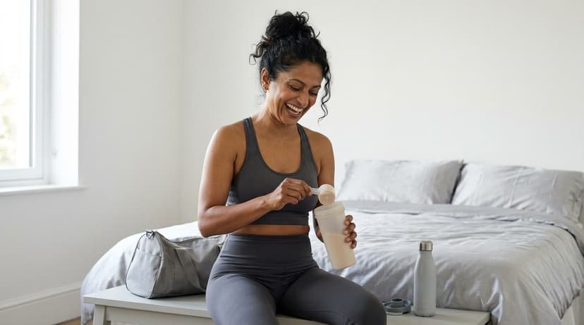 Woman in athletic wear scooping protein powder on a bed in a bright bedroom