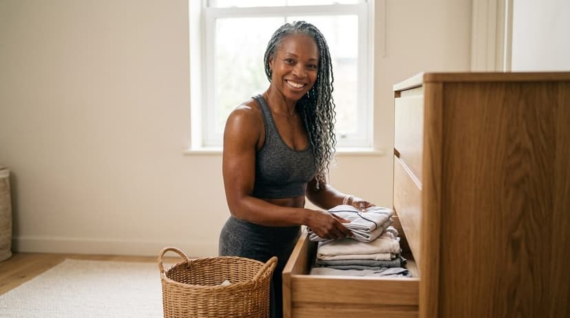 Woman organizing folded clothes into wooden drawer in bright bedroom with window