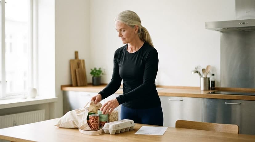 Woman organizing legumes, grains and eggs on a kitchen table