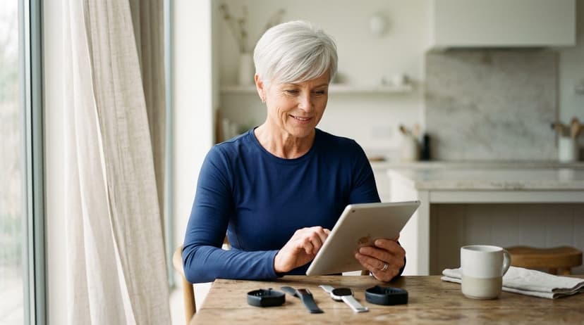 Woman reviewing tablet at table surrounded by fitness trackers