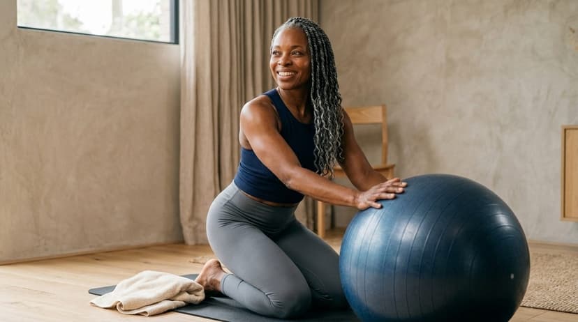 Woman in a bright studio kneeling on a mat and placing hands on a blue exercise ball