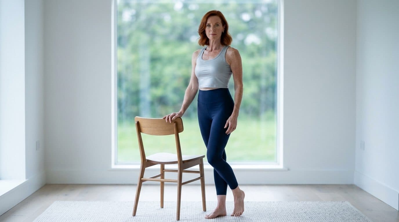 Woman in exercise wear at wooden chair for barre in bright studio with windows