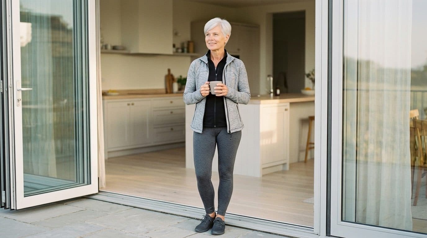 Woman with white hair holding a coffee mug by kitchen glass doors in morning light