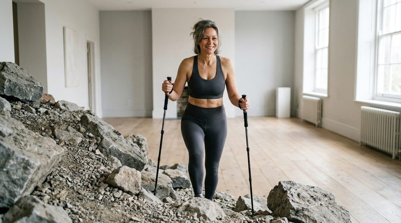 Woman using trekking poles walks through bright indoor space with rocks
