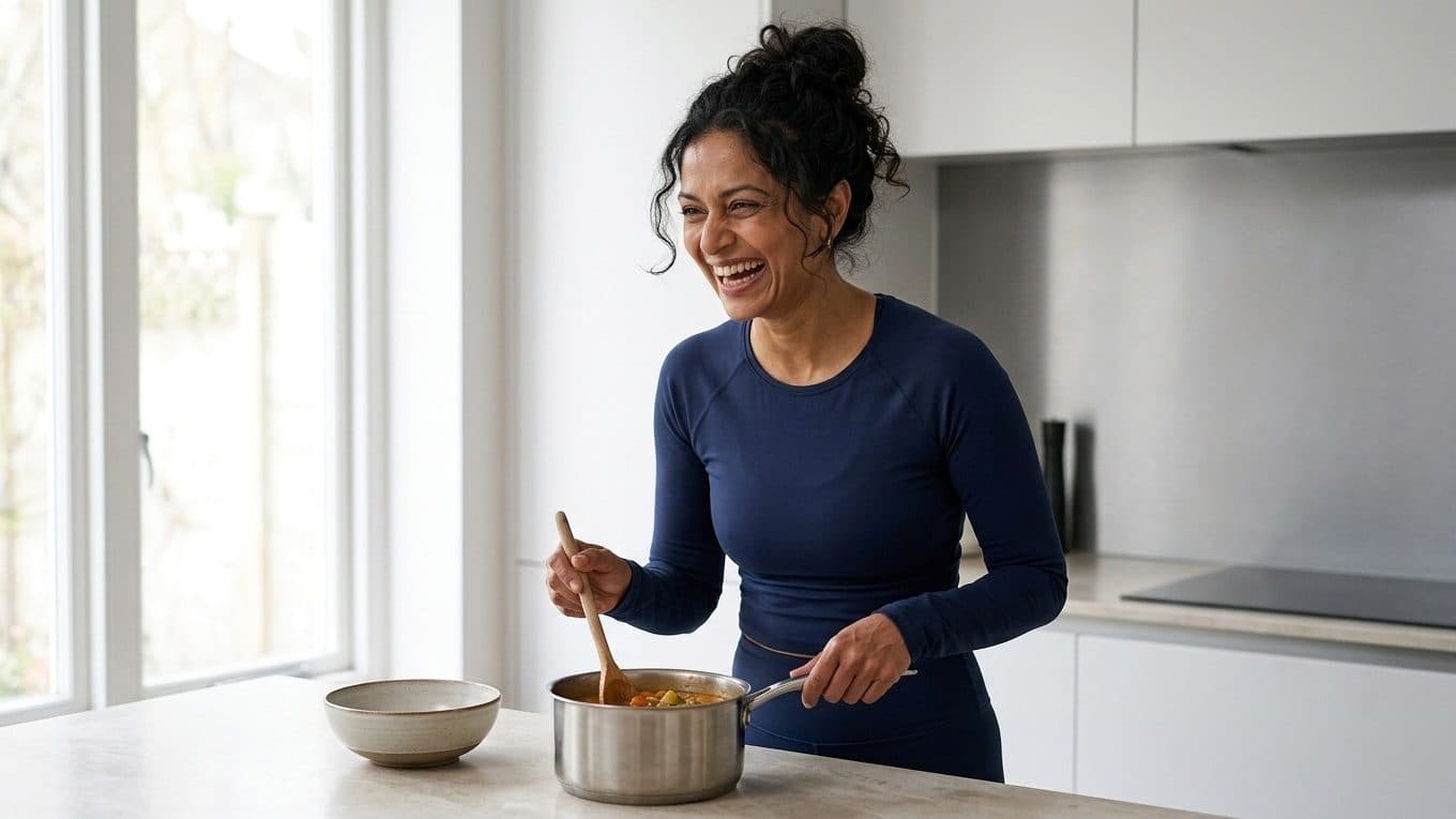 Woman stirring food in a pot in a bright, modern kitchen