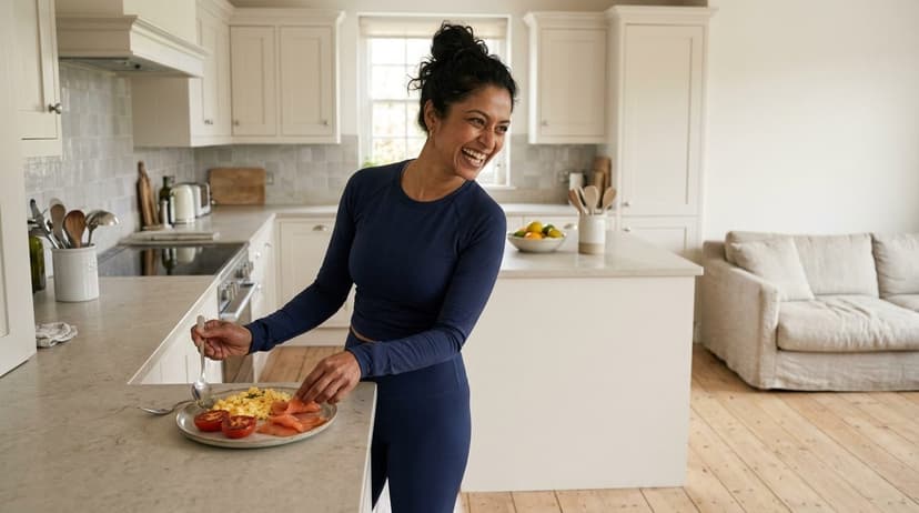 Woman in navy athletic wear preparing breakfast plate in modern kitchen