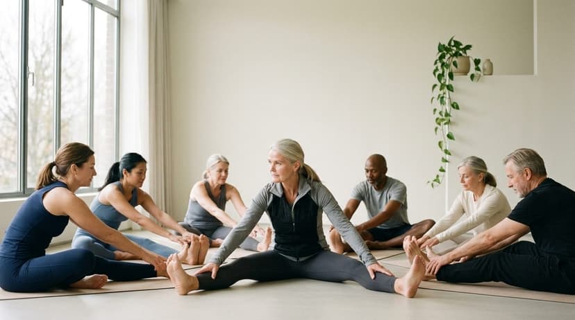 Adults in circle on mats performing a seated forward stretch in a bright, windowed studio