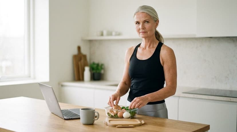 Woman arranging grilled chicken and fresh greens at bright kitchen counter