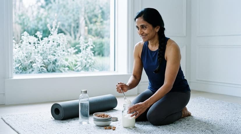 Woman in blue top kneeling by mat with water and protein snacks in bright studio