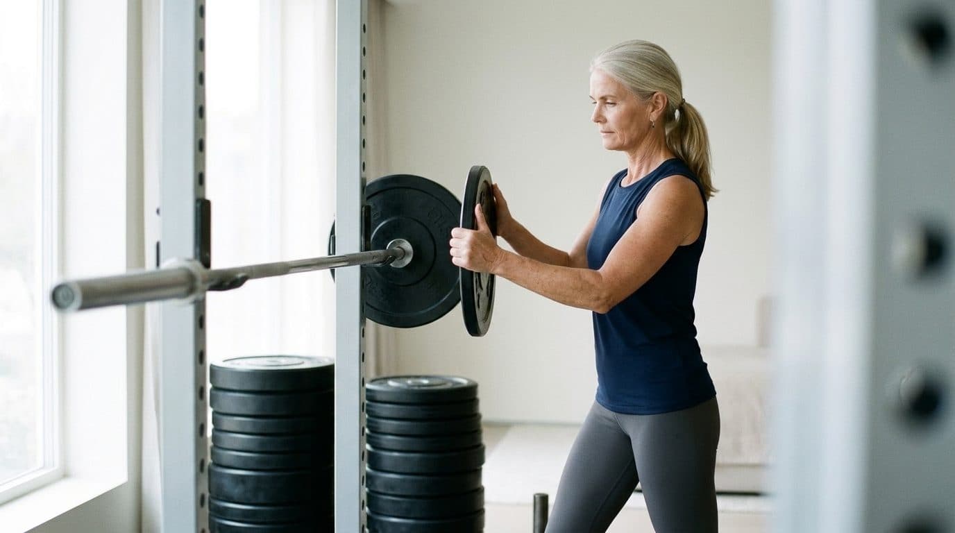 Woman lifting a barbell in a bright, minimal gym space with stacked weights