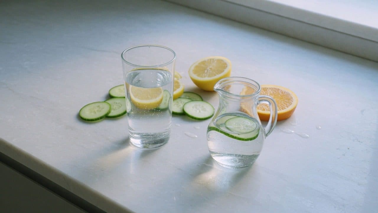 Glasses of water with cucumber and lemon slices on a bright white surface