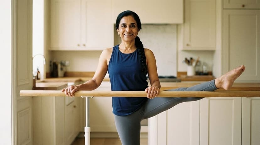 Woman performing a barre move at the wooden bar with leg extended in a bright kitchen