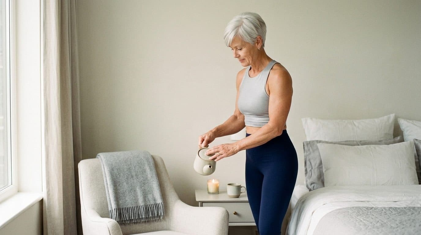 Woman in bedroom pouring tea from teapot at bedside table