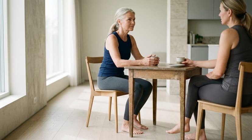 Two women having a conversation at a wooden table with cups in a bright interior