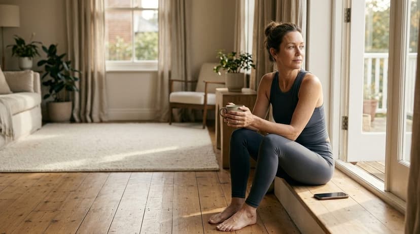 Woman in fitness wear kneeling on wooden flooring
