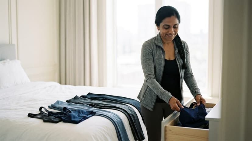 Woman selecting dark-colored athletic wear from a wooden box near her bedroom bed