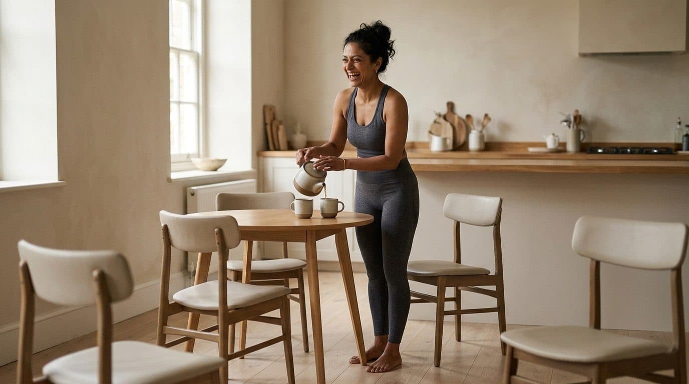 Woman pouring tea at a wooden table in a bright, minimalist kitchen