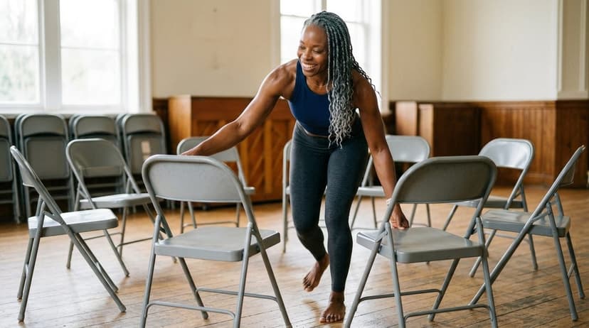 Woman performing barre exercise using a chair in a sunlit studio space