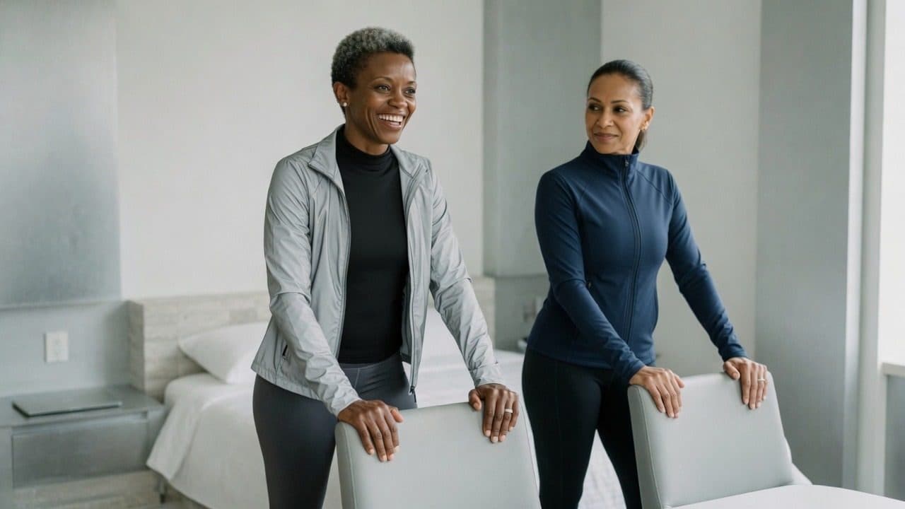 Two women at the barre in a minimalist white studio space