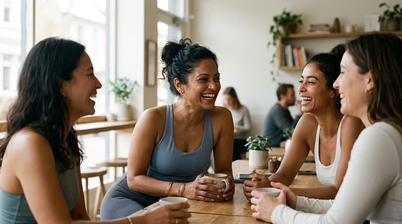 Four women laugh together at a wooden table in a bright