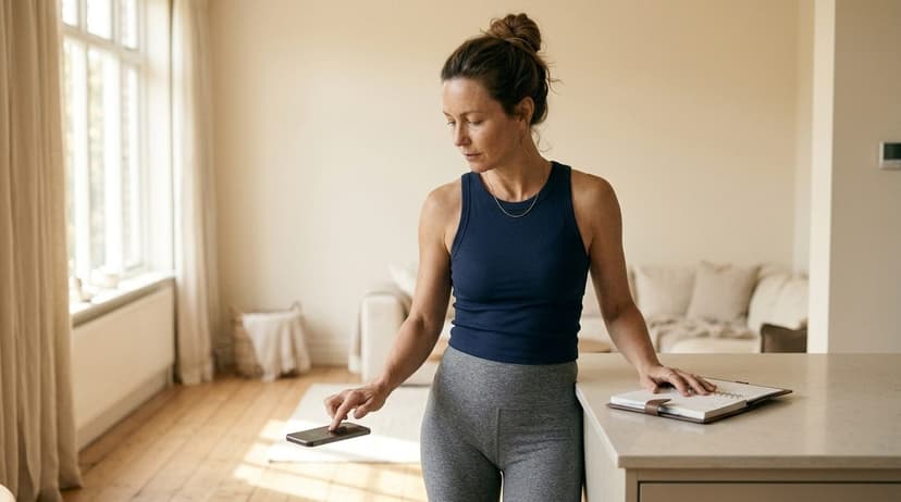 Middle-aged woman at barre using counter for support in bright, naturally lit studio space