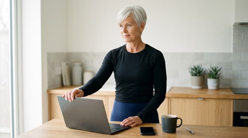 Woman at wooden desk with laptop and coffee in minimalist home office