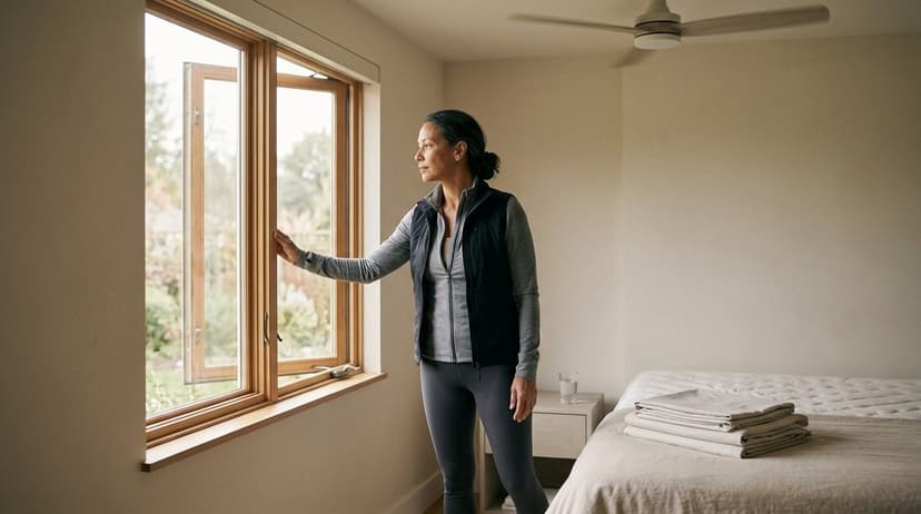 Woman opening large bedroom windows to let in natural light