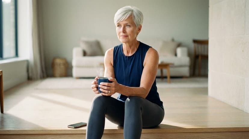 Woman in dark tank top sitting on wooden floor in minimalist living room with cup
