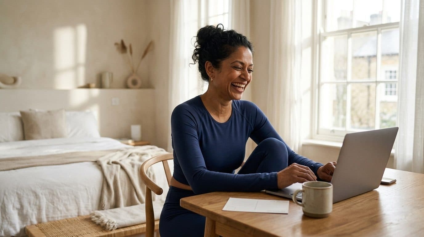 Woman in navy shirt at a wooden desk using a laptop, smiling in a sunlit bedroom
