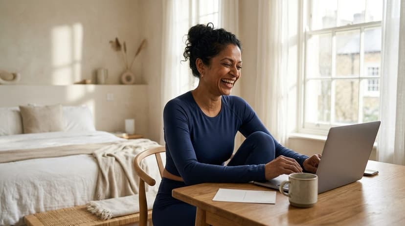Woman in navy shirt at a wooden desk using a laptop, smiling in a sunlit bedroom