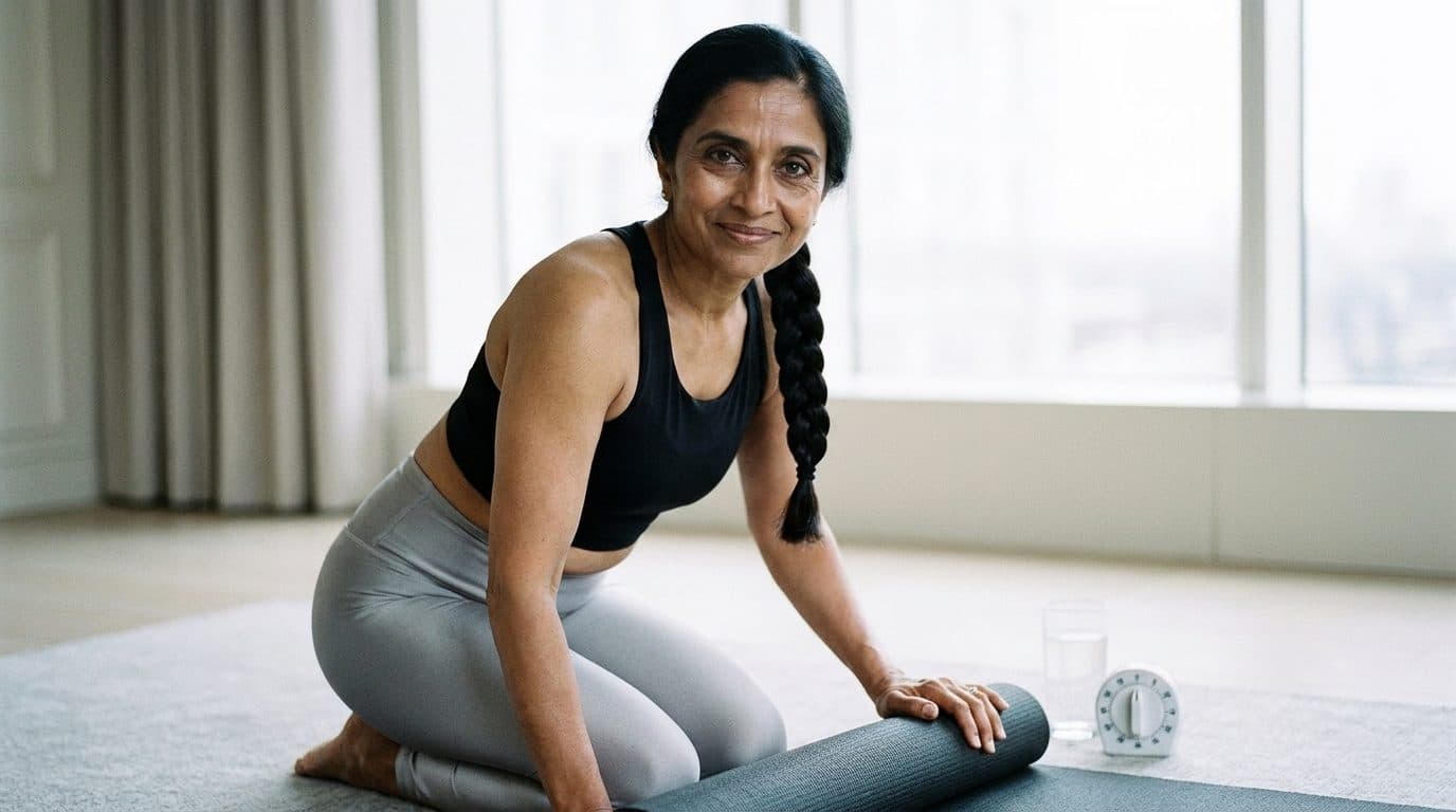 Woman kneeling on yoga mat using foam roller in bright, minimal home space