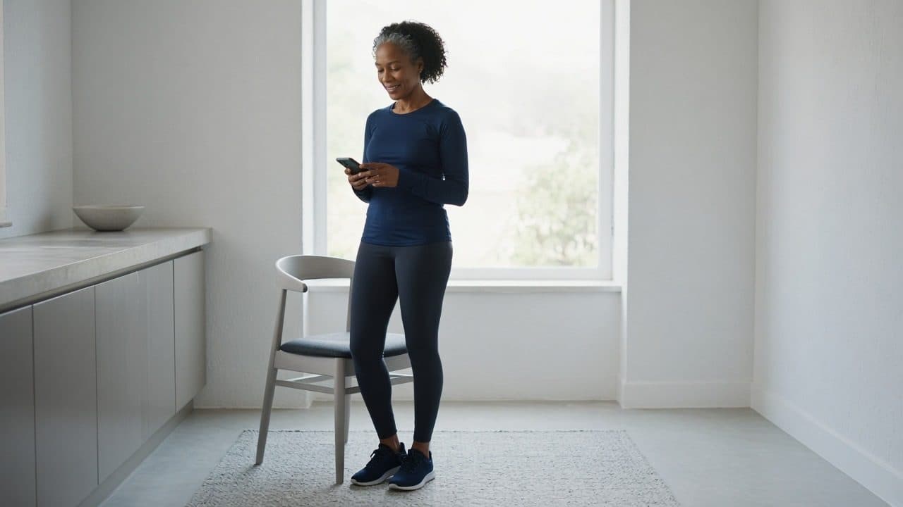 Woman holding phone in minimal bright kitchen space with gray chair and windows