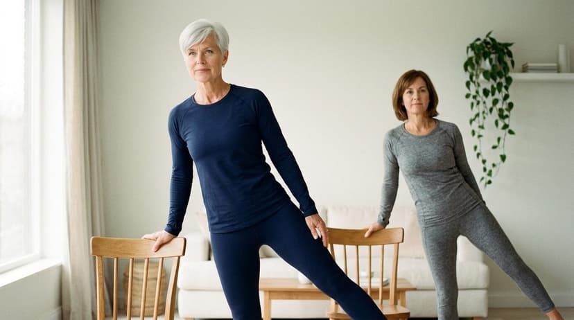 Two women perform barre exercises using wooden chairs in a bright room with windows