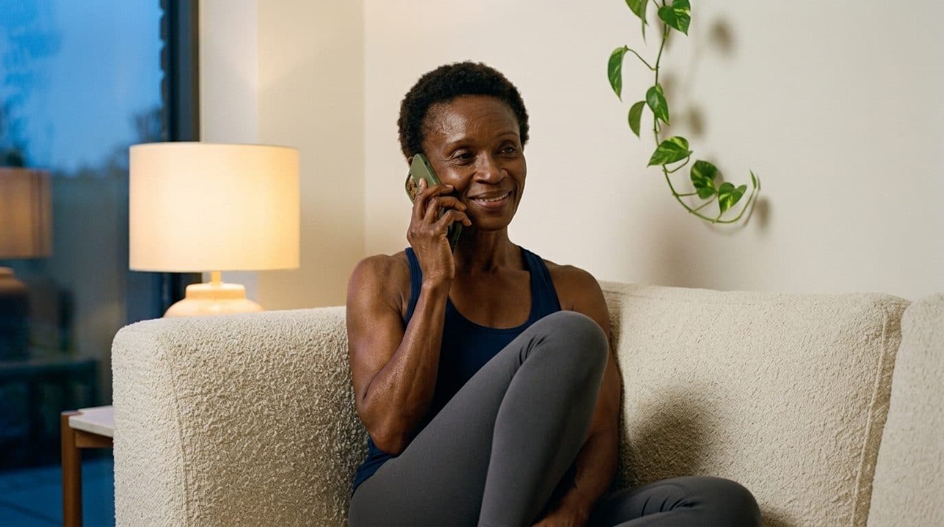 Woman sitting on cream couch talking on phone in bright, plant-decorated living room