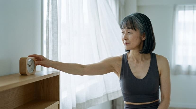 Woman in athletic wear reaching toward an alarm clock on a bedroom nightstand near a bright window