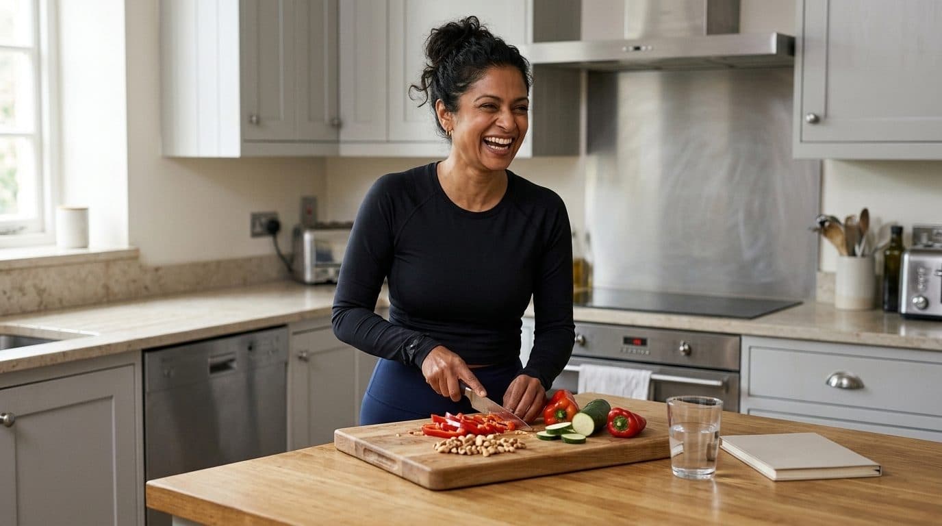 Woman chopping fresh vegetables in a bright, modern kitchen