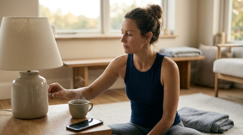 Woman in dark blue top reaching for a ceramic jar at a wooden table in a bright, sunlit room