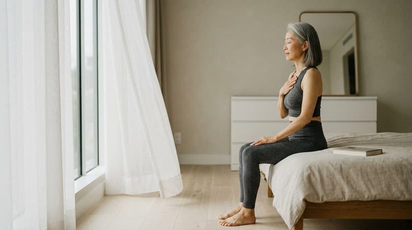 Woman in dark athletic wear sitting on bed in bright, minimal bedroom