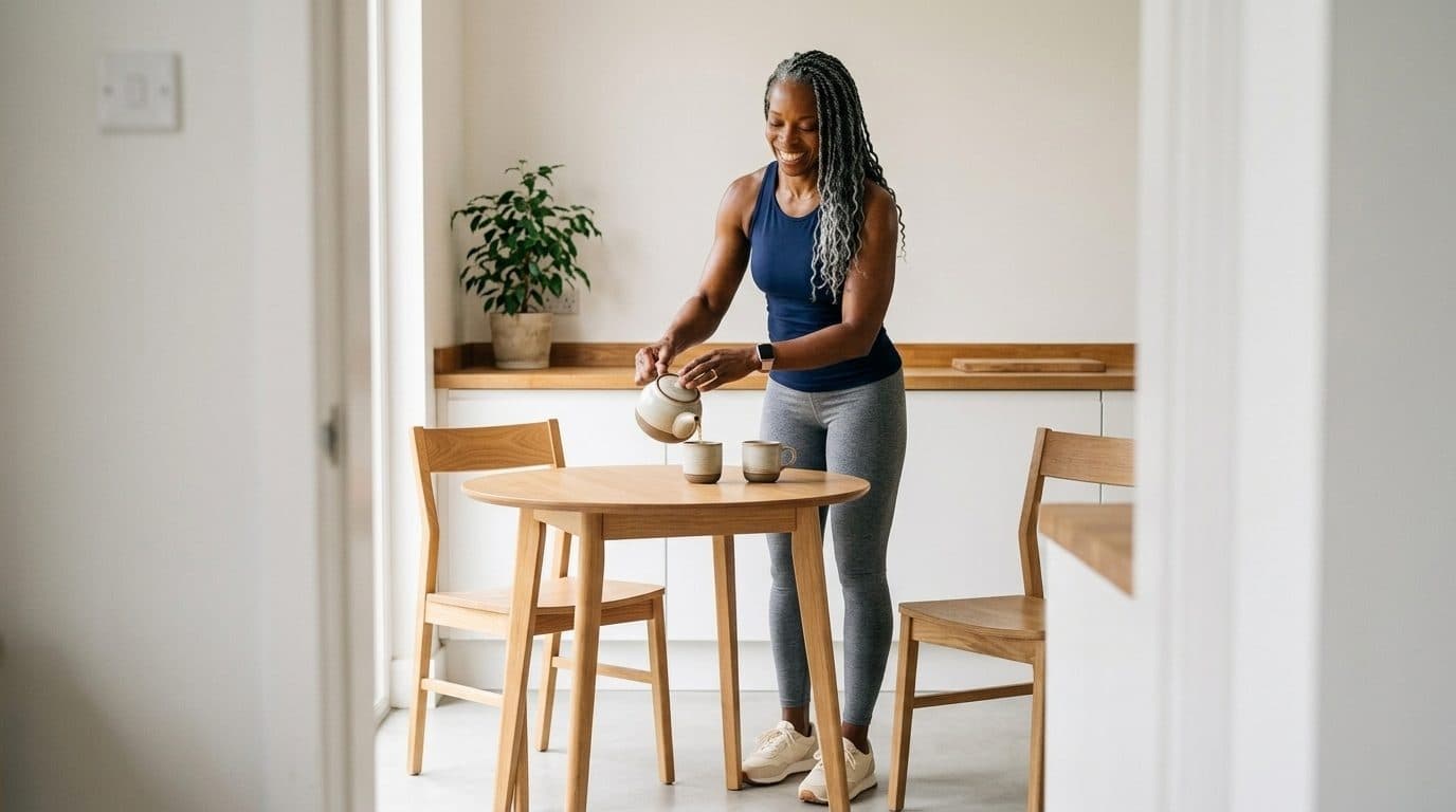 Woman with braided hair pouring tea from a teapot at a wooden table in a bright minimalist kitchen