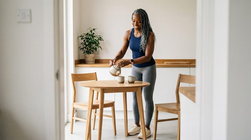 Woman with braided hair pouring tea from a teapot at a wooden table in a bright minimalist kitchen
