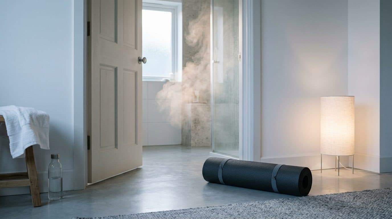 I'll read the image and write a short scene-only alt description.Rolled black mat on grey floor