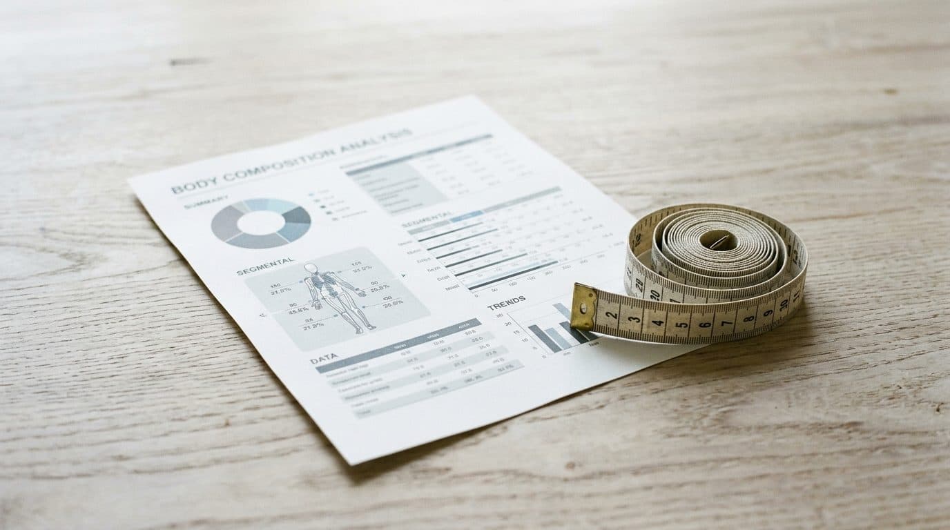Body composition analysis printout with data charts and a coiled measuring tape on wood