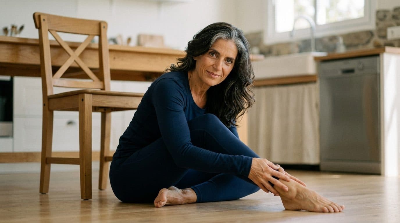 Woman in dark workout clothes stretching on kitchen floor beside wooden chair