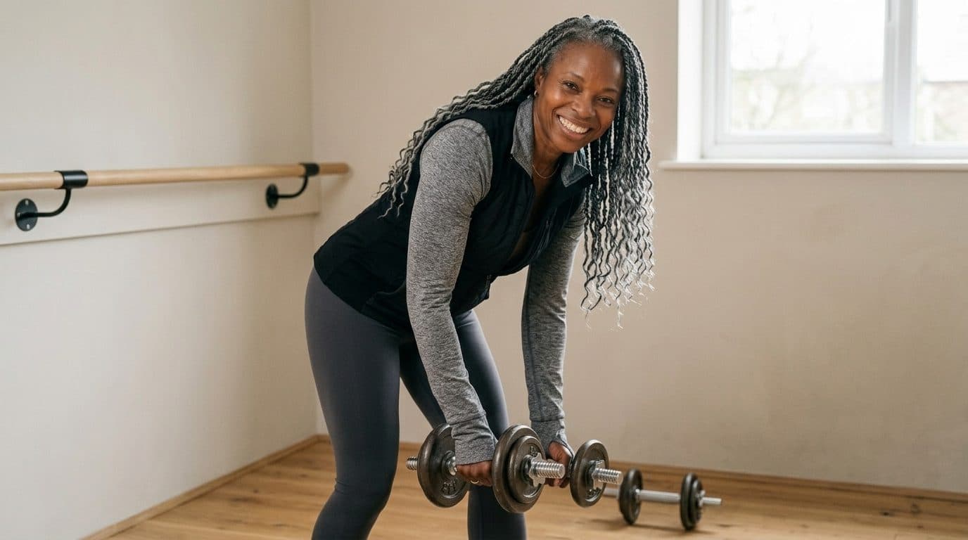 Woman with braids performing a bent-over dumbbell exercise in a barre studio with wooden