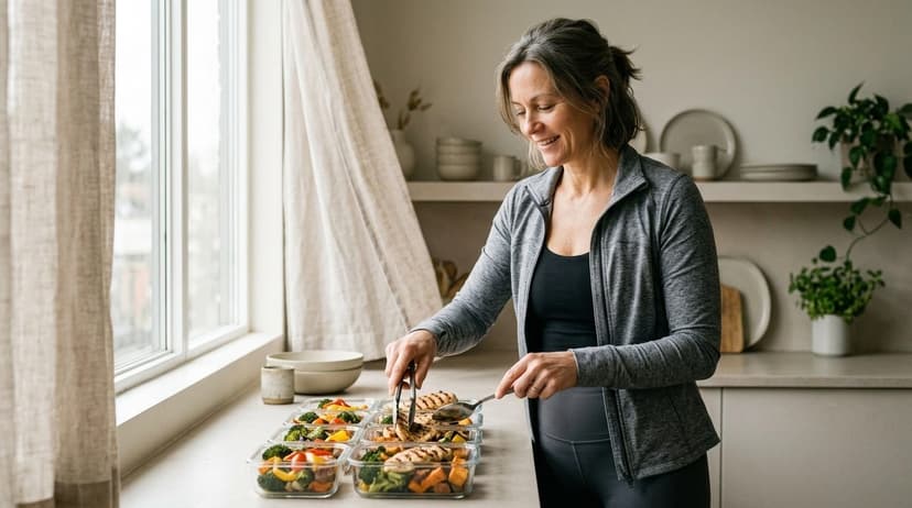 Woman arranging meal prep containers with vegetables and grilled chicken on a counter